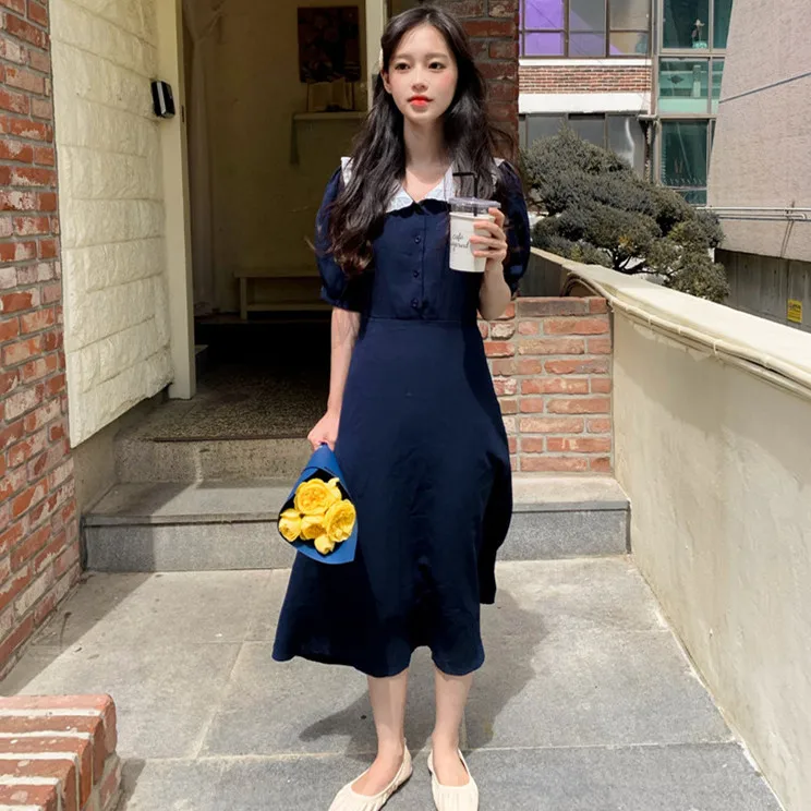 

Korean Chic Niche Design Tree Fungus-like Lacework Contrast Color Navy Sweet Western Style Younger Short Sleeve A- line Dress