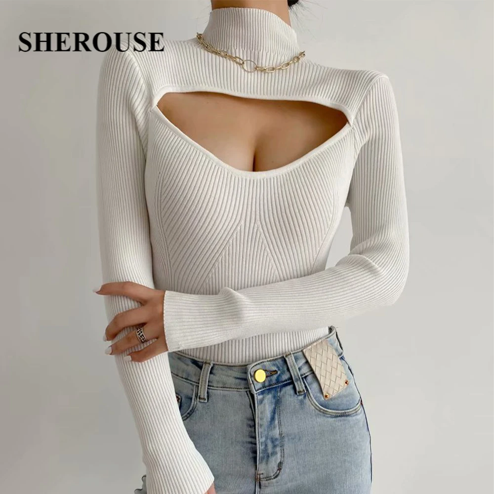 

SHEROUSE Fashion Hollow Out Knit Sweater Casual Women Long sleeves Mock Neck Slim-fit Tight Knitted sweaters Woman Pullover
