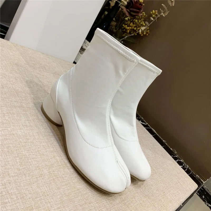 New Autumn Stretch Ankle Boots Novelty Split Toe Boots Women Cozy Round Heel Genuine Leather Riding Booties Fashion Short Botas