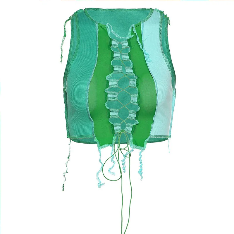 

Zomer Mode Patchwork Mesh Stof Tees Gothic Activiteit Koele Slanke Mouwloze tshirt clothes Sexy Gaten Cut-Out Kwastje Crop Top