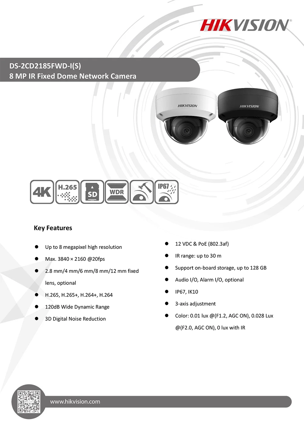 Hikvision 8-мегапиксельная ip-камера DS-2CD2185FWD-IS внутренней 8 мегапикселей купольная камера видеонаблюдения POE Cam Встроенный слот SD аудио интерфейс