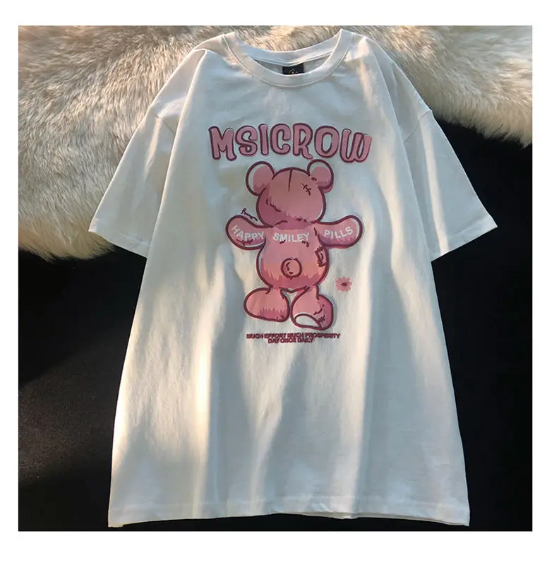 

Summer Japanese Harajuku ins college style cute milk tea bear print loose bf short-sleeved t-shirt female soft sister top