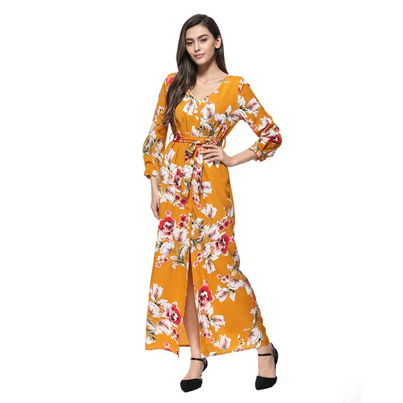 Женское платье в этническом богемном стиле с цветочным принтом длинное