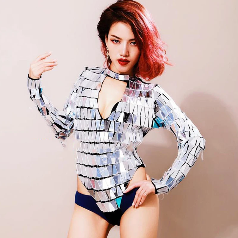 

Shiny Mirror Reflective Lens High Fork Long Sleeve Deep V-Neck Jumpsuit Stage Costumes Bar Female Bodysuit DS Performance DN4575