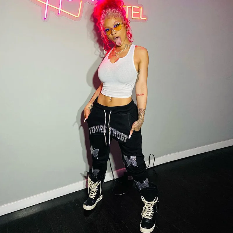 

Y2K Goth Pants For Women Black Thick Fall Winter Sweatpants Butterfly Rhinestone Fashion Baggy Harem Pants Y2K Streetwear
