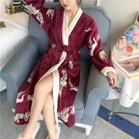 thicken flannel women kimono robe gown print crane chinese style lady bathrobe long sleepshirts skirt winter underwear home wear