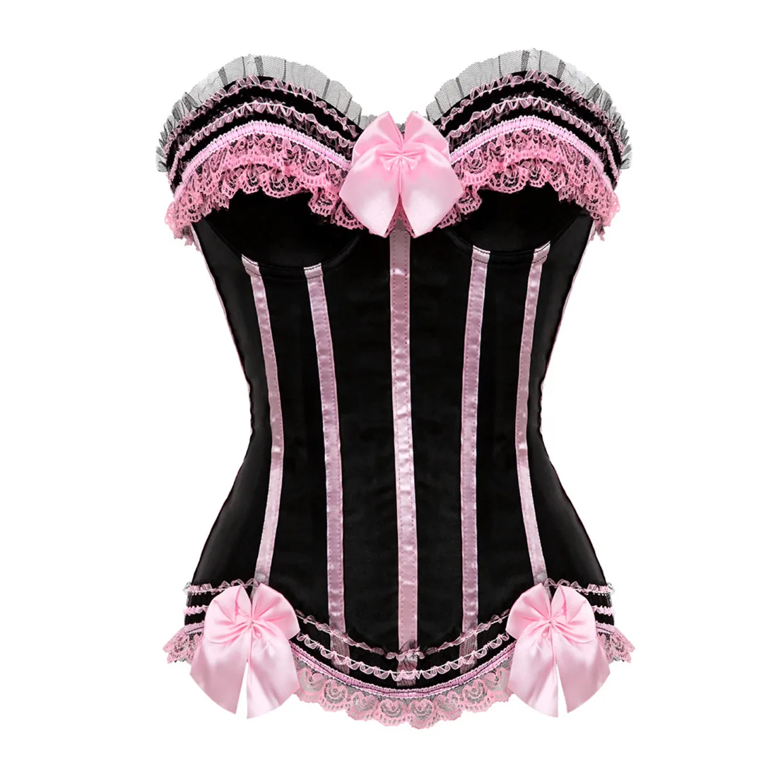 

Sexy Satin Overbust Corset Top Lace Bowknot Decorated Clubwear Showgirl Body Shaper Plus Size