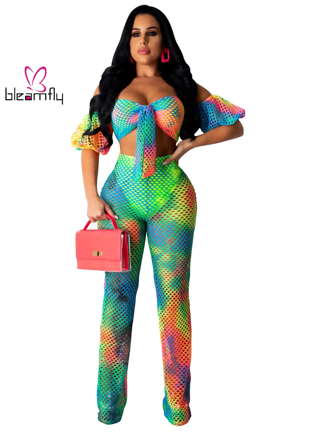 Женский костюм с открытыми плечами марлевая сетка топ принтом прямые штаны