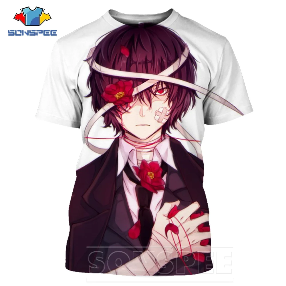 

SONSPEE Summer 3D Print Stray Dogs Detective Suicide Character Osamu Dazai T Shirt for Men Harajuku Street Woman Short Top