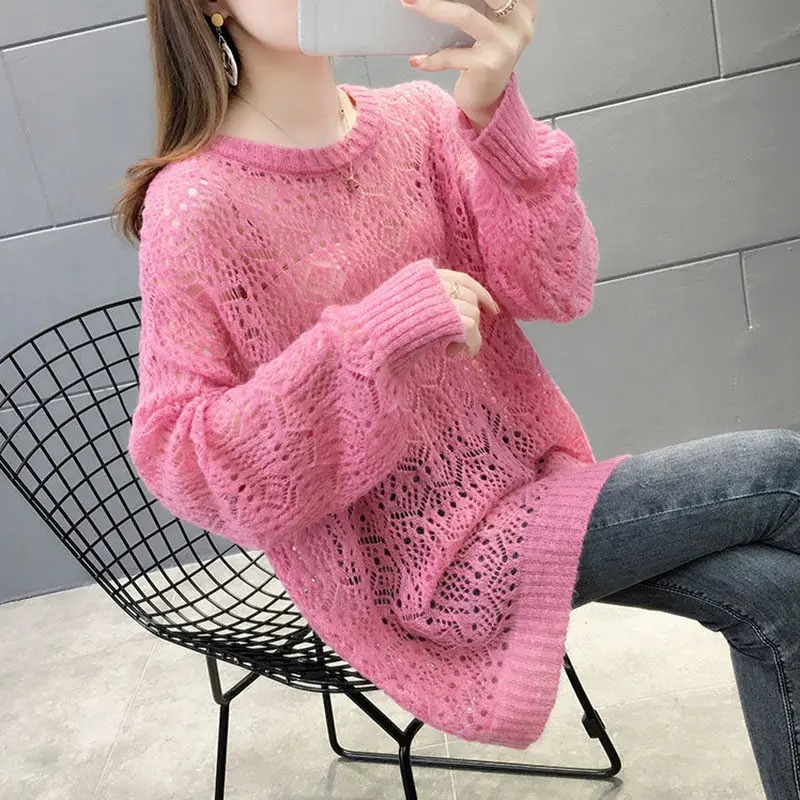

Модный весенний вязаный свитер с вырезами для женщин, новинка 2021, корейские свободные Женские однотонные тонкие вязаные рубашки большого р...