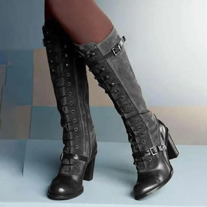 

2021 Women's Vintage Medieval Boots Vintage High Boots Square Heel Pu Leather Winter Boots Women's Knee Round Toe Adult Lace-up
