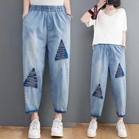 chic 2021 new stretch jeans womens tide natural waist all match loose fashion plus size casual vintage patch denim pants zh1644