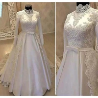 vintage high neck muslim wedding dresses 2019 with long sleeve lace over skirts satin country bridal gowns with belt