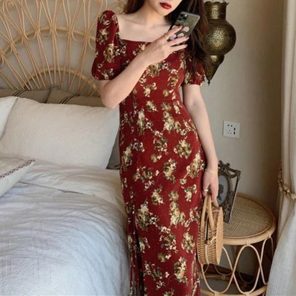 

Red French floral dress with square neck and gathered waist dress women's summer 2021 new dress off shoulder ruffle dress