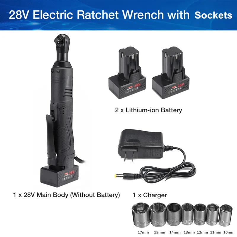 28V and Sockets 12V 18V 28V 3/8 ''2 литий-ионный Батарея электрический ключ с трещоткой Перезаряжаемые электрический Беспроводные Угловые гаечные ключи для автомобиля - Цвет: 28V and Sockets