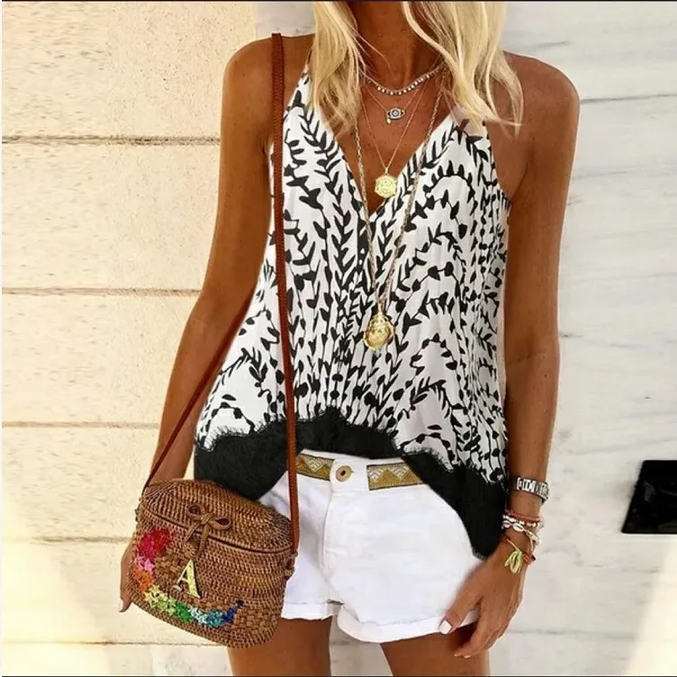 

WEPBEL Camis Summer Sexy Sleeveless Floral Print Loose Vest Women's Casual V-neck Spaghetti Strap Backless Camis Top