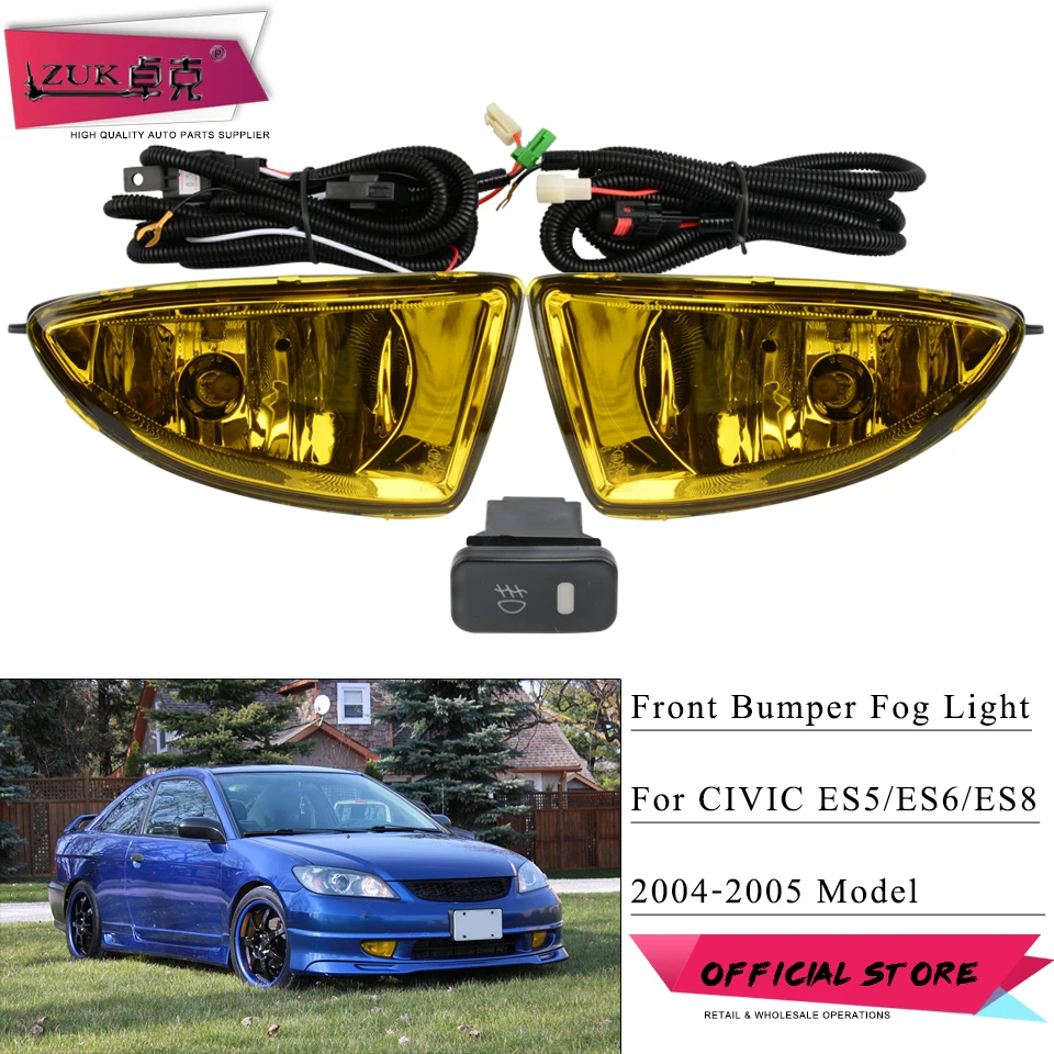 ZUK For HONDA CIVIC 2004 2005 ES Yellow Type Additional Fog Light Anti-Fog Lamp Set Front Foglight Kit With Cables Switch Bulbs