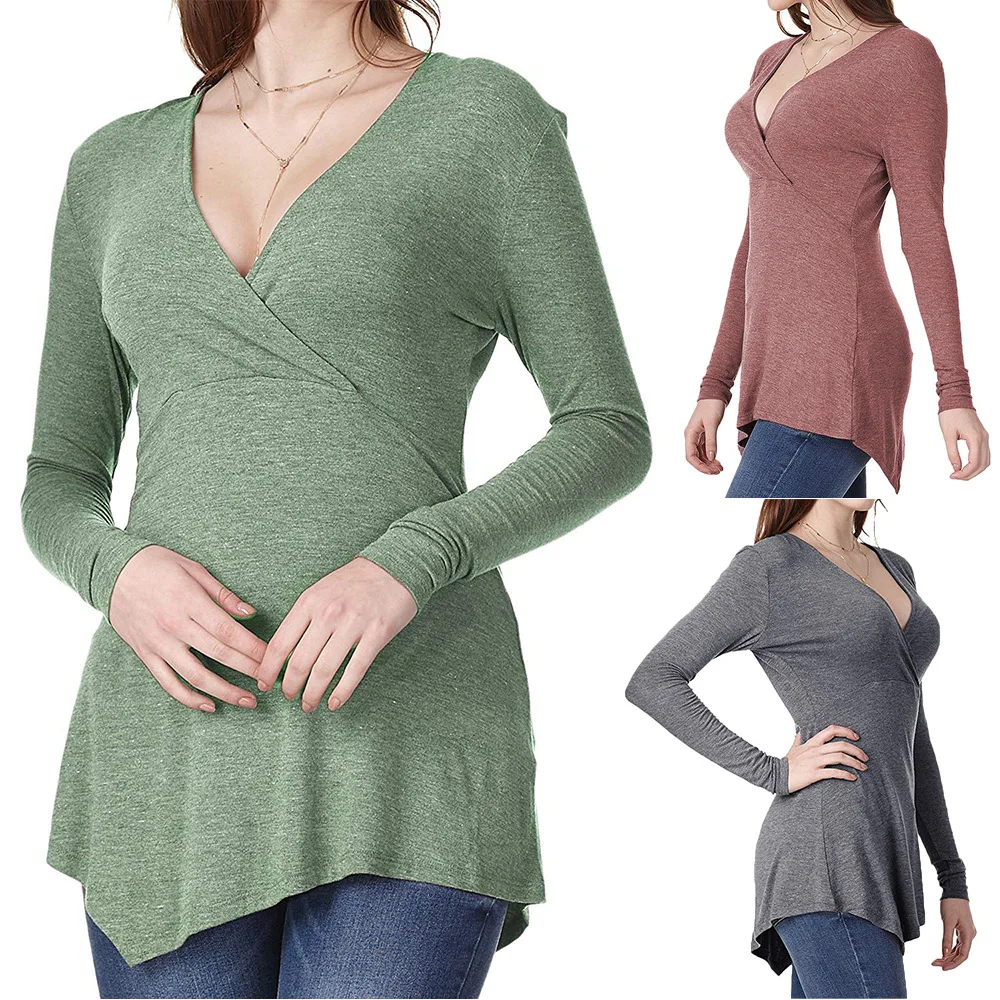 Green Red Gray Women Pregnant Long Sleeve Nursing Side Ruched Maternity Clothes Mama  Pregnancy Breastfeeding Shirt Blouse