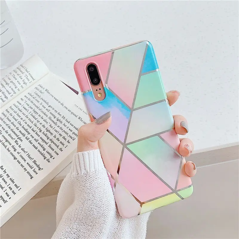 

Geometric Marble Phone Case For Huawei P40 P30 P20 Mate 30 20 Pro Nova 3 4 5 6 Electroplate Anti-Shock Soft IMD Back Cover Gift