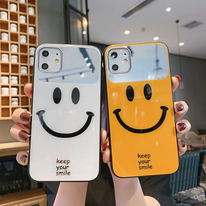 

Glass mirror smiley face mobile phone case iPhone 12 11 pro Max XR XS Max 8 7 Plus X SE 2020