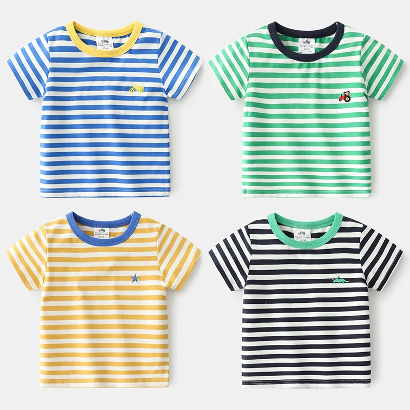 

2021Summer England New 2 3 4 6 8 10 Years Children'S Clothing Cotton Short Sleeve Cartoon Car Striped T-Shirt For Kids Baby Boys