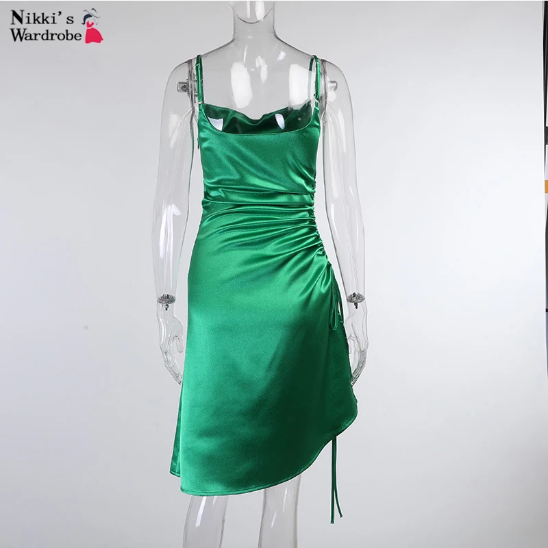 

Solid Satin Women Dress Sleeveless Side Split Drawstring Dress Elegant Sexy Slim Bodycon Casual Party Dresses Female