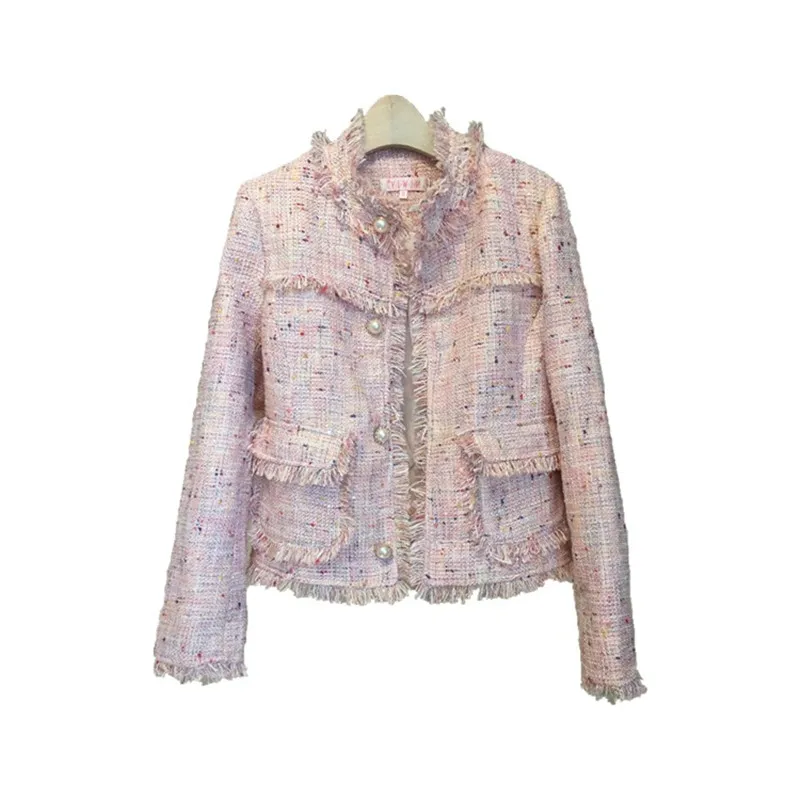 

2022 Runway Lady Autumn Fashion Pearls Tassels Woolen Jacket Coat Women Vintage Casaco Femme Warm Tweed Jacket Elegant Overcoat