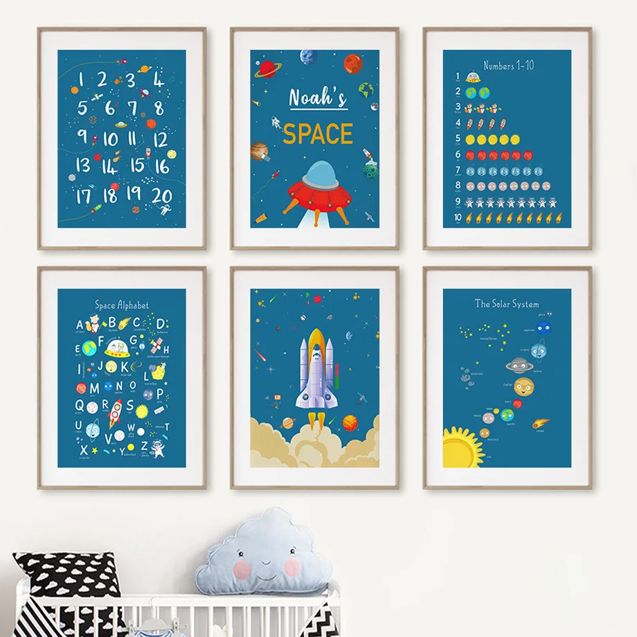 

Cartoons Rocket Space Astronaut Planet Numbers Wall Art Canvas Painting Nordic Posters And Prints Wall Pictures Kids Room Decor