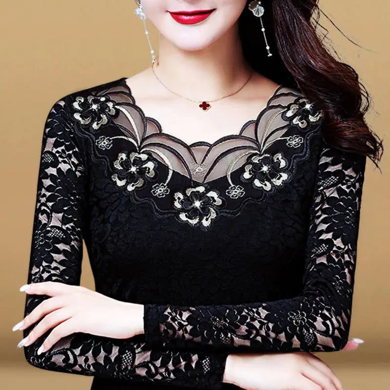 

Women's Spring Autumn Style Lace Blouses Shirt Women's Elegant Solid Color Embroidery Long Sleeve O-neck Korean Slim Tops SP8688