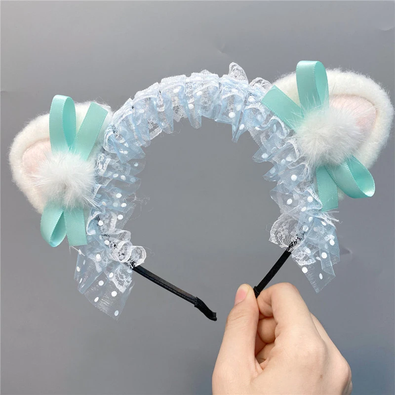 Повязка на голову с кошачьими ушками Милая Кружевная лента бантом обруч для