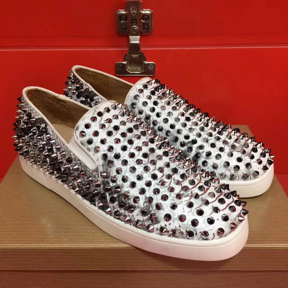 

Snake Real Leather Low Cut Full Silver Rivet Shoes Flat Luxury White Sole Red Bottom For Men Spikes Loafers Casual Shoes Women