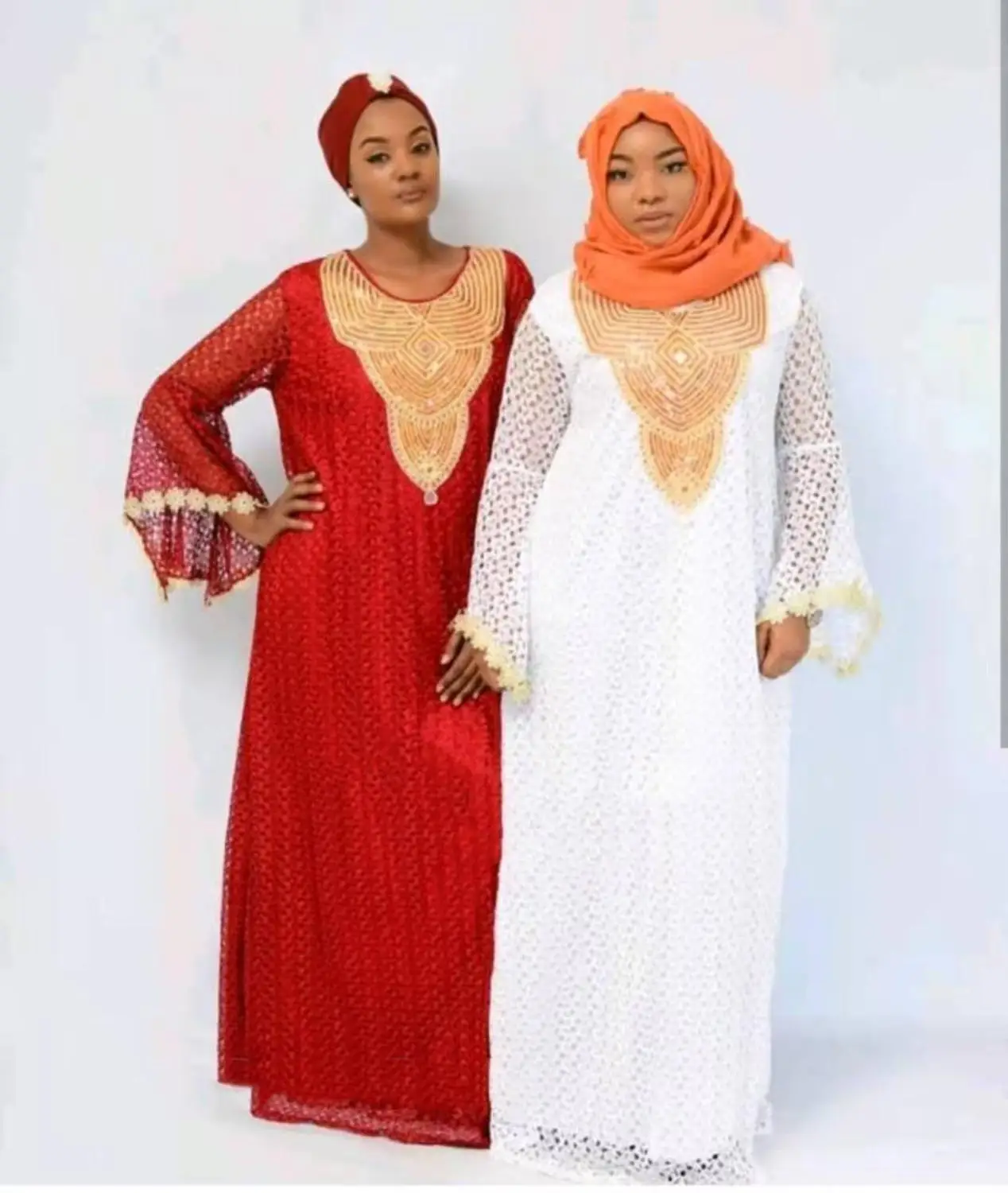 

New Style Classic African Women Dashiki Water-Soluble Lace Loose Long Dress + Inwardly Abaya Free Size Bust 132cm Length 150cm