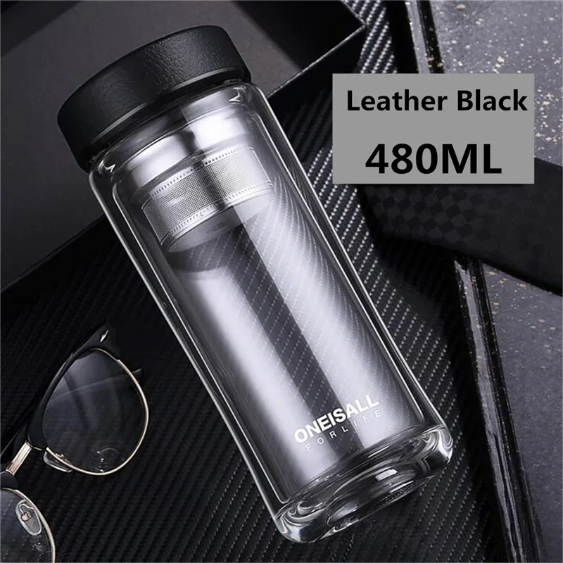 Black 480 мл стеклянная бутылка для воды с двойными стенками, портативная кружка для путешествий, прозрачная чашка для воды с заваркой чая, большая посуда для напитков - Цвет: Black