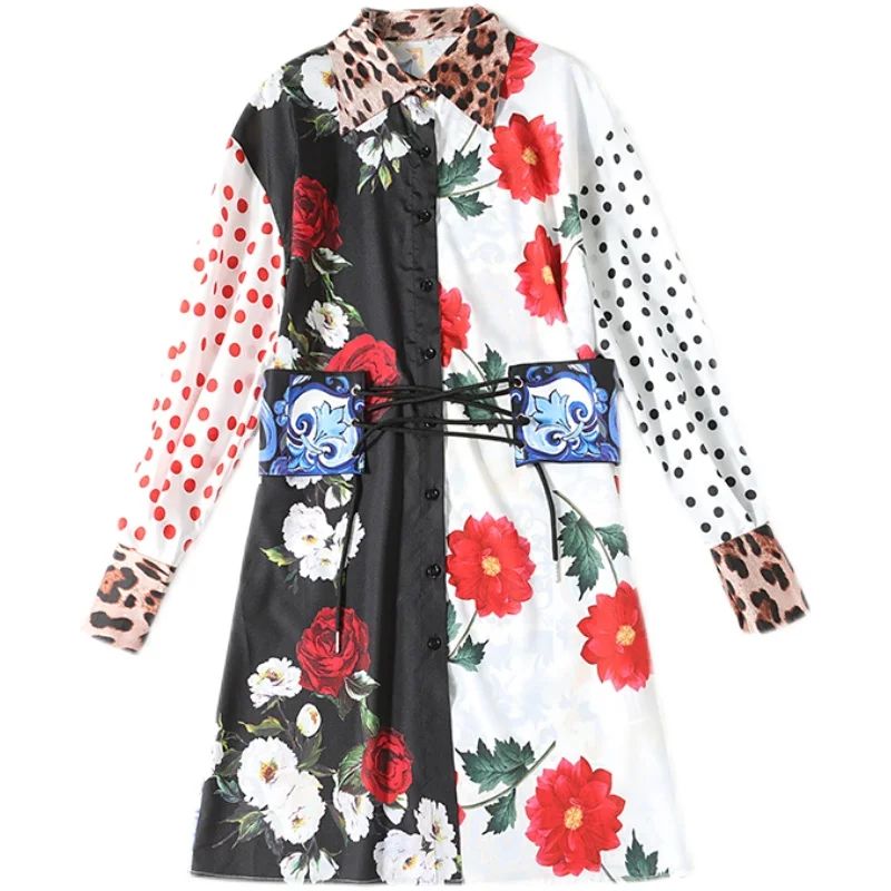 

Newest 2021 Fashion Runway Summer Vintage Shirt Style Mini Dress Women Long Sleeve Sashes Floral Print Elegant Loose Dress