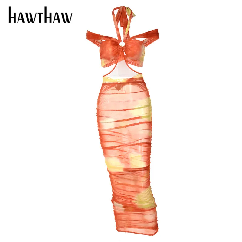 

Hawthaw Women Summer Halter Hollow Out Backless Printed Bodycon Mesh See Through Long Dress 2021 Female Clothing Streetwear