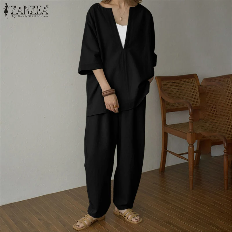 

ZANZEA Bohemian Solid Long Sleeve V-Neck Blouse Autumn Elastic Waist Pantalon Fashion Street Pant Set Woman Vintage 2PCS Suit