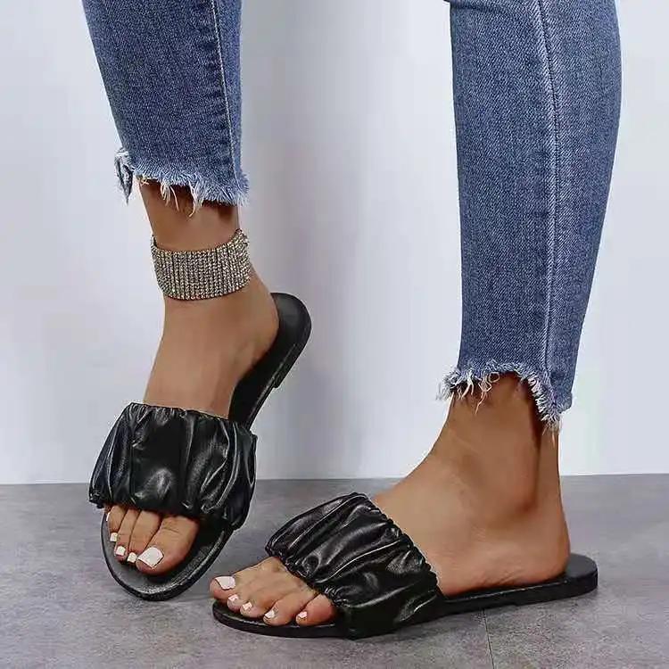 

2021 Women Slippers Ladies Slip On PU Leather Outdoor Beach Shoes Female Summer Casual Pleated Slipper Ladies Fashion Footwear