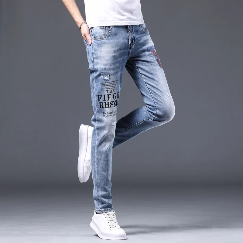 

Lruen Thin Light Blue All-matching Fashion Brand Printed Jeans Men's Slim Fit Skinny Letter Printed Personalized Men's Pants