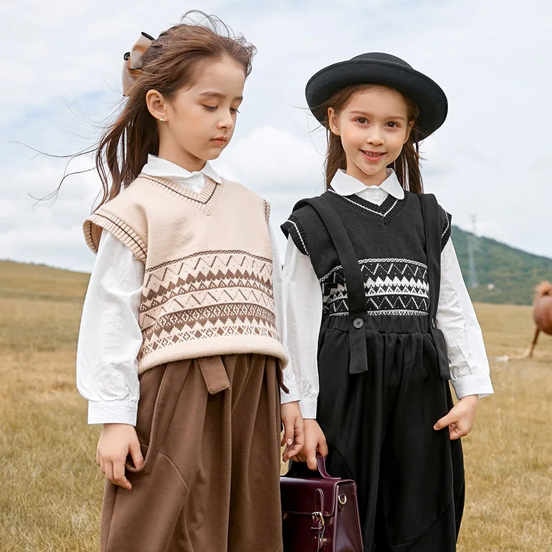 

3-14 Years Children Sleeveless Knitted Sweater For Girls Autumn Spring Print Knitwear Pullovers Kids Teens Casual Knit Tops