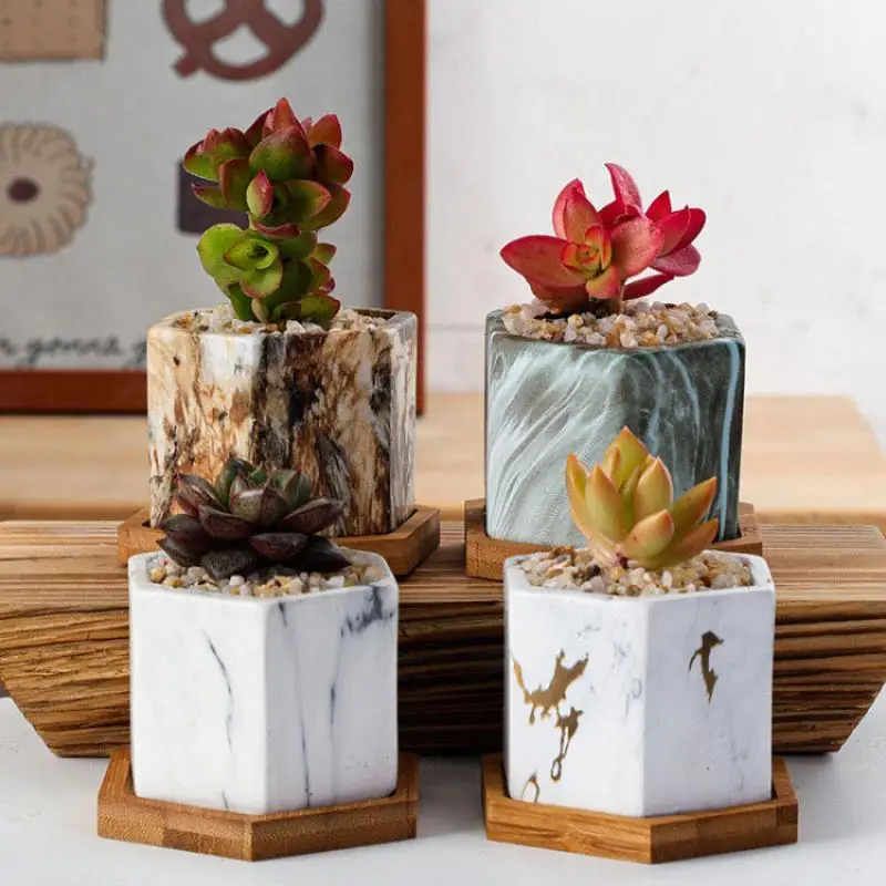 

4 Pcs/Set Ceramics Flower Pot Succulent European Style Desktop Ornaments Decoration Golden Marble Stripes Flowerpots