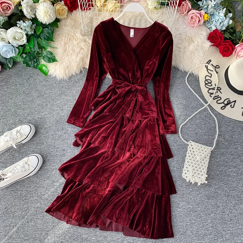 SINGRAIN Winter Women Long Velour Dress Autumn Midi Cake Elegant Party Club Warm Dresses Solid Vintage Tiered Velvet | Женская одежда