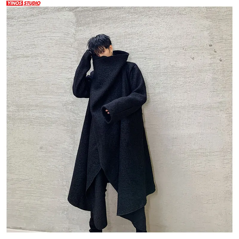 Длинные пальто с высоким воротником однотонный плащ японского дизайна мужские