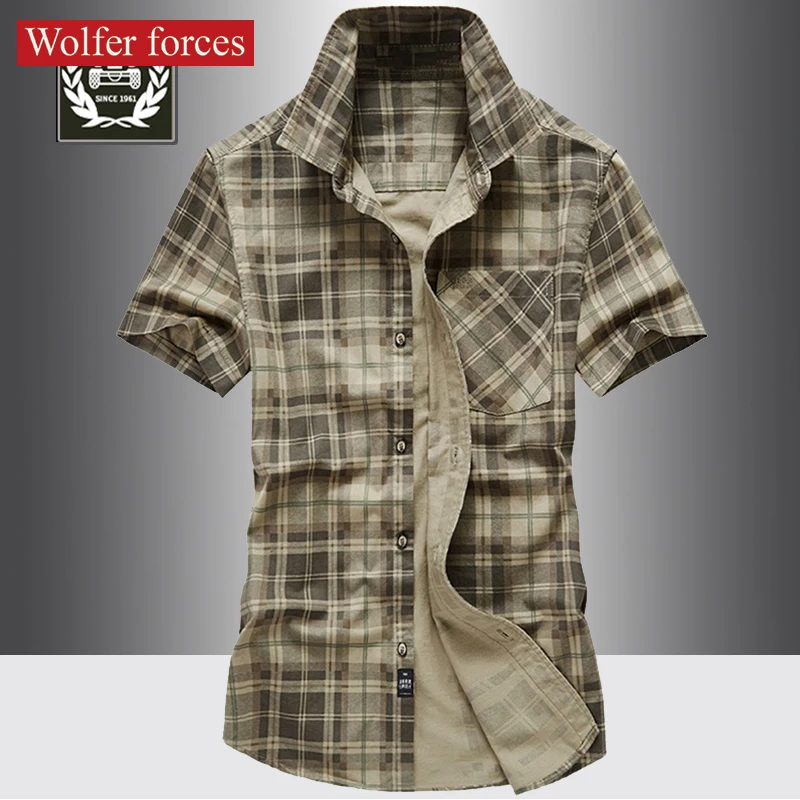 2022 Summer Plaid Short Sleeve Male Shirt Men's Cotton Casual  Large Size  Shirts  Father Military Fashion High Quality Blouse