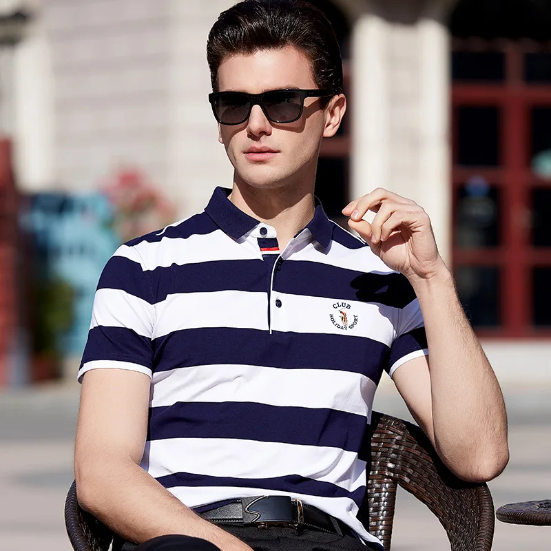 Мужская хлопковая приталенная рубашка поло в полоску с коротким рукавом|Поло| |