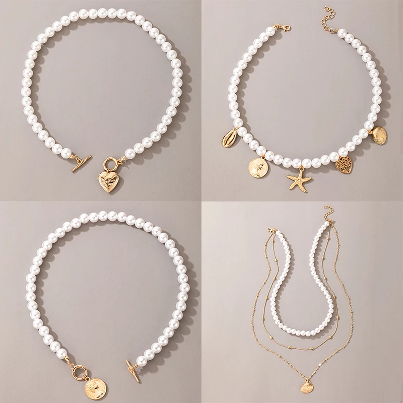 

HuaTang Boho Love Heart Pearl Choker Necklace for Women Multilayer Gold Shell Star Portrait Coin Pendant Jewelry on the Neck