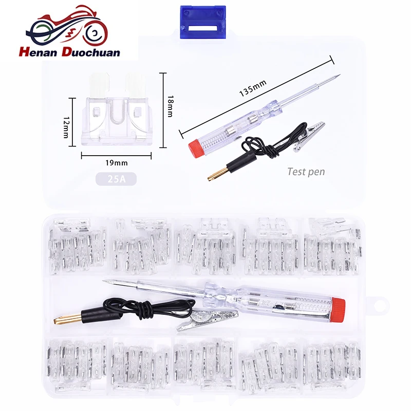 

100pcs 25A Medium Zinc Motorcycle Fuse Car Blade Fuses Assortment Assorted Kit Auto Truck Automotive Fuse Test Pen