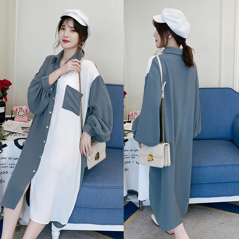 [EWQ] контрастное маленькое длинное платье-рубашка с карманом корейское свободное