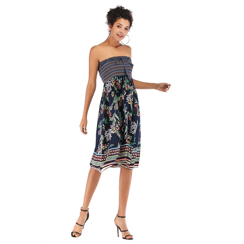 

Boho Floral A-line Women's Mid-Skirt Elastic High Waist Sashes Vintage Pleated Womens Skirts 2021 Summer Fashion Clothes Female