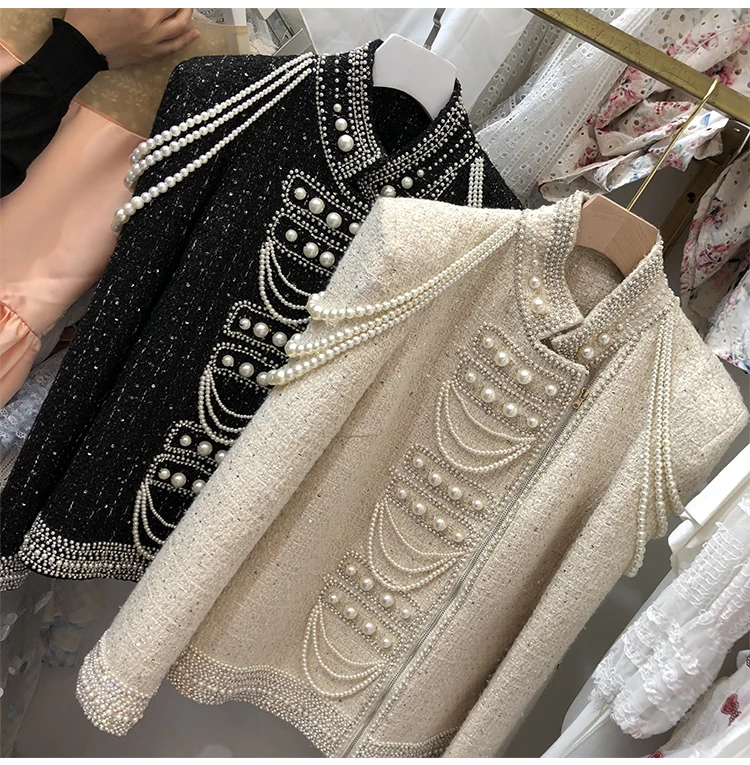 Модное женское твидовое пальто с жемчугом и бисером весна осень