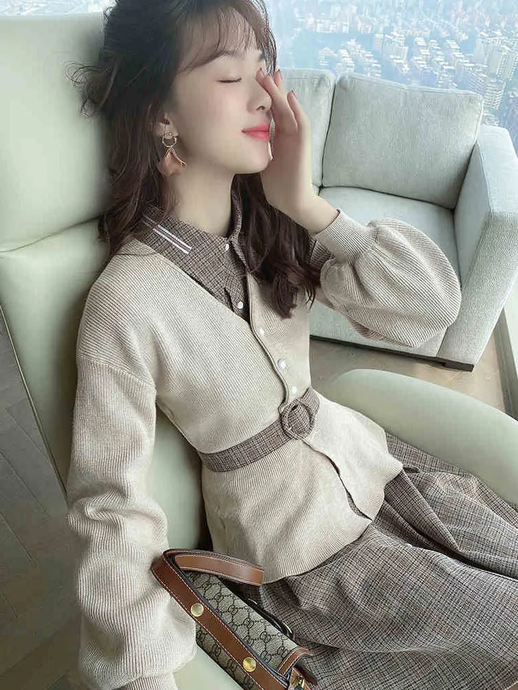 

Fall 2020 New Female High-End Temperament Long Sleeve Polo Collar Plaid Dress Two-Piece